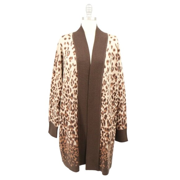 New Isaac Mizrahi Live! Brown Animal Print Jacquard Open Cardigan Sweater 1X - Picture 2 of 6
